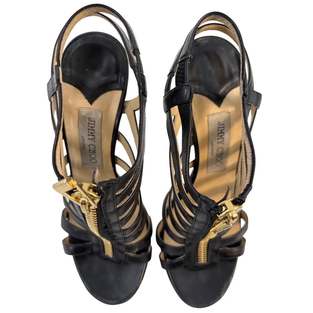 Jimmy Choo Black Leather Strappy Cage Zip Front Stiletto Sandals Size 38 - Picture 2 of 6